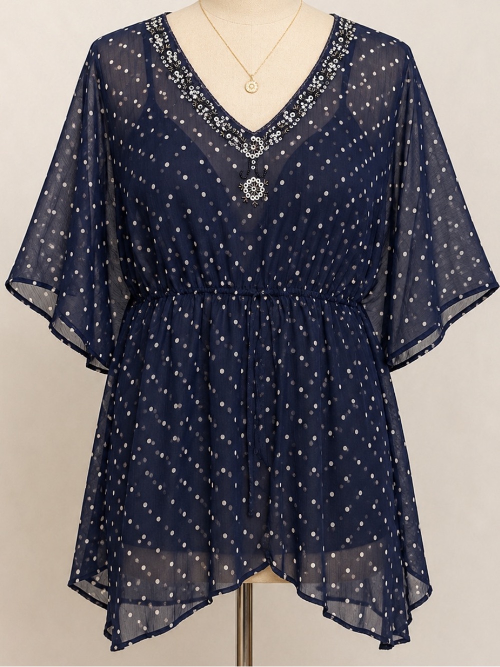Embellished Sheer Kaftan Navy Blue with White Polka Dots TunicOne Size Fits All